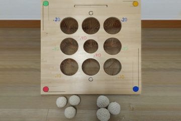 BASKET NINE, jeu en bois géant utilisé lors d'une animation dans un centre de loisirs.